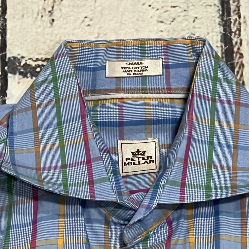 Peter Millar Checkered Blue Mens Suit Dress Professional Button Down Shirt